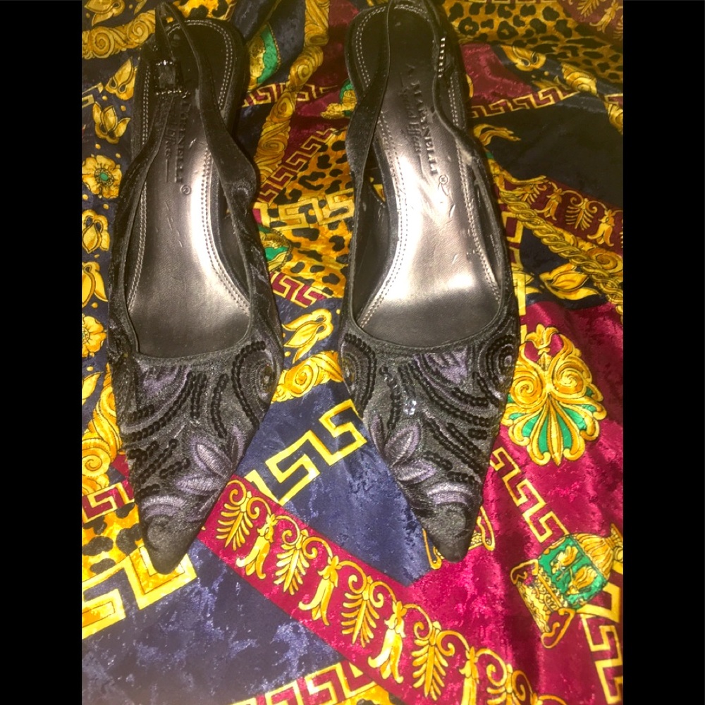 A.Marinelli Black Sling Back Heels With Embroidery  Sequined Embellishment. 6.5